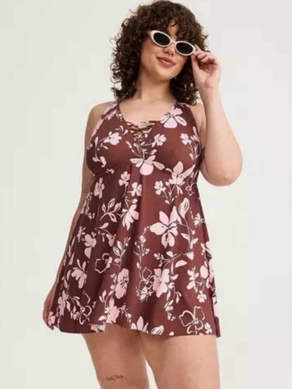 Torrid Brown & Pink Floral Wire-Free XO Triangle Swim Dress With Brief Size 2X